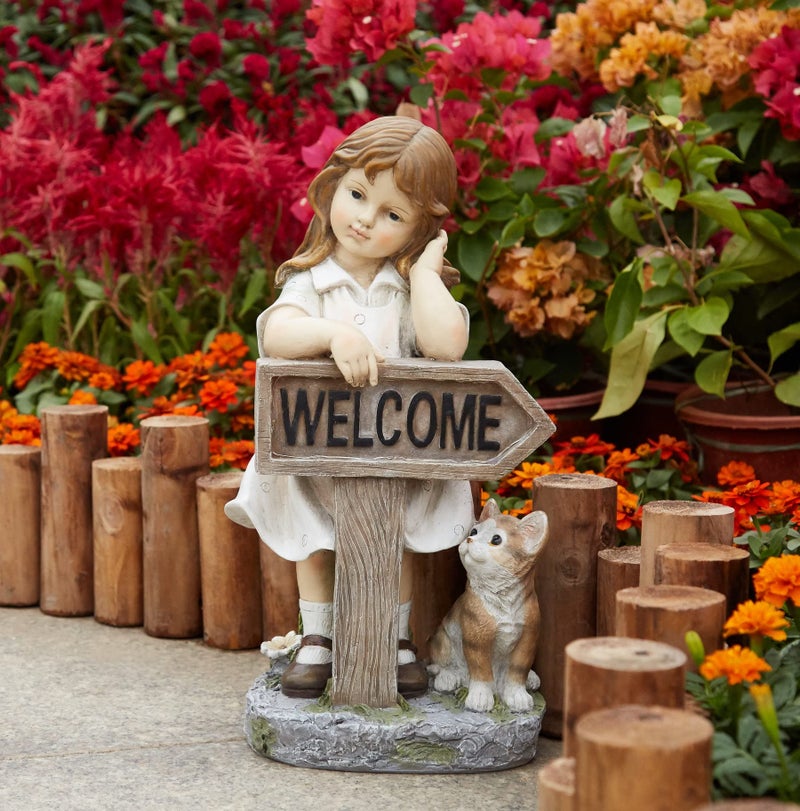 Floryden Girl Garden Statue with Solar LED Lights, Solar Girl Welcome Sign with Cat Garden Statue for Outdoor Decor, Porch, Patio, Yard Art Decorations, Polyresin 17.3 inch - Image 3